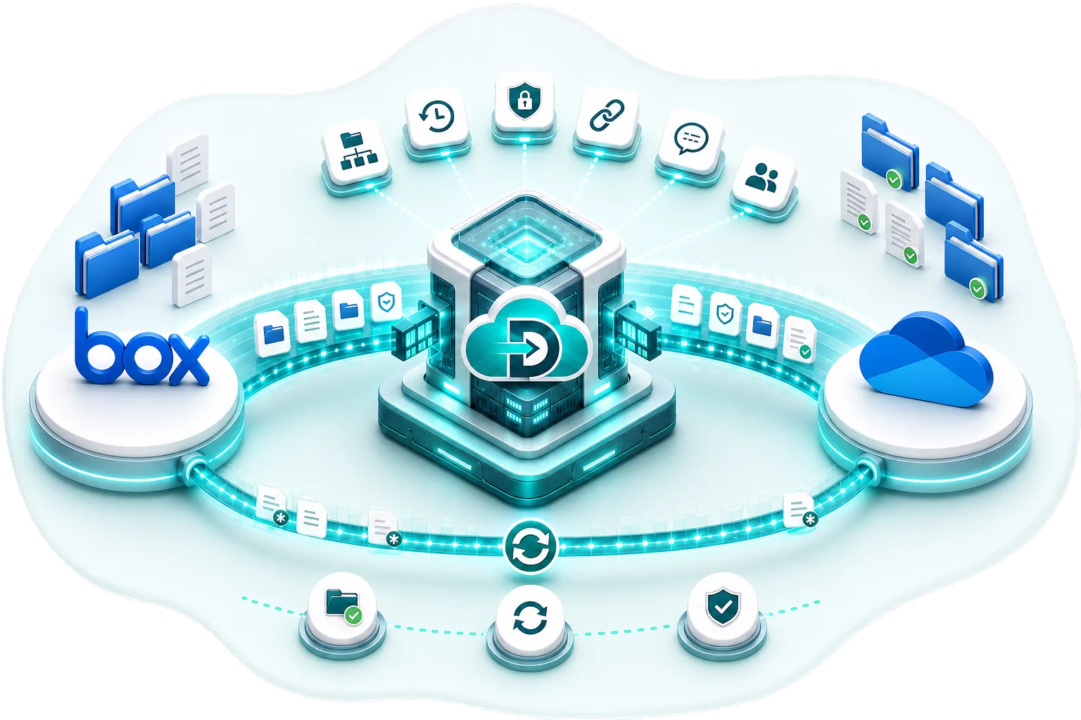 Box to OneDrive for Business migration diagram with Data Relocate engine, full migration, delta sync, and lifecycle checkpoints