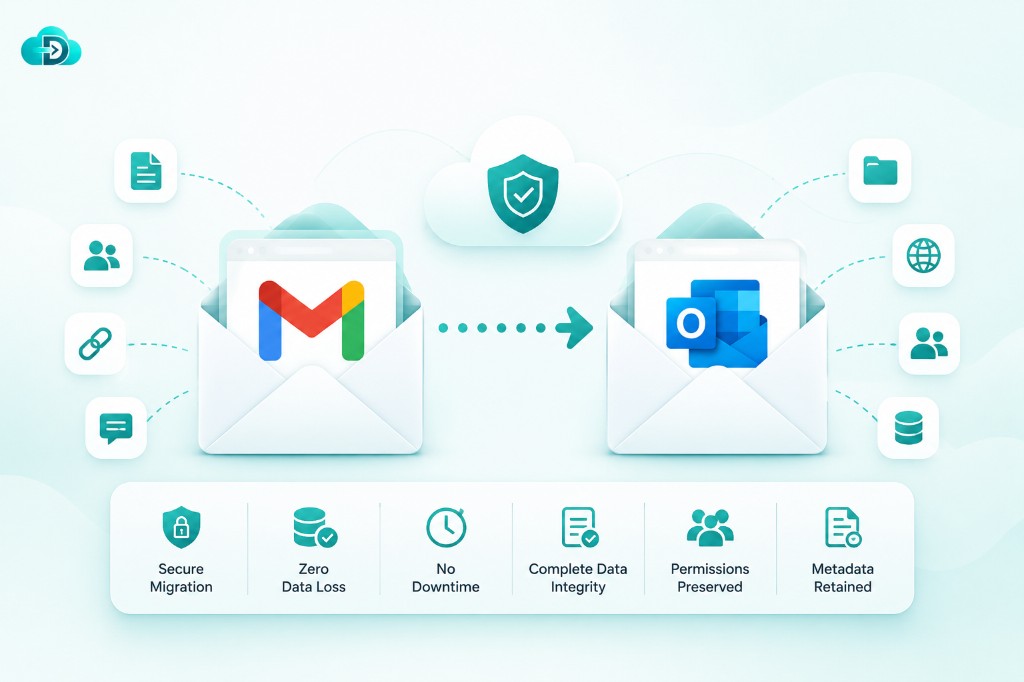 Illustration showing email data moving securely between multiple email platforms with mailboxes, calendars, contacts, attachments, and archive data being transferred