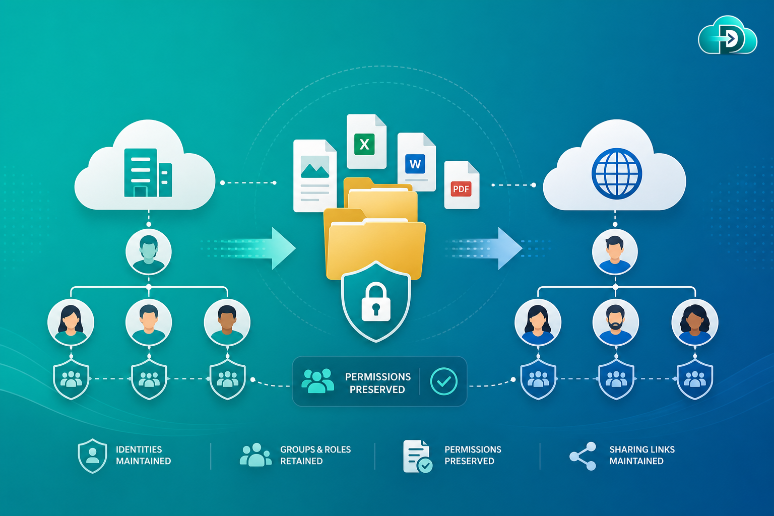 Permission preservation maintaining user access and sharing controls during cloud migration with Data Relocate