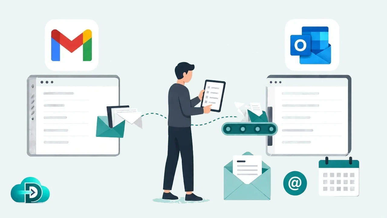 Gmail to Outlook migration with official logos and a teal enterprise migration scene