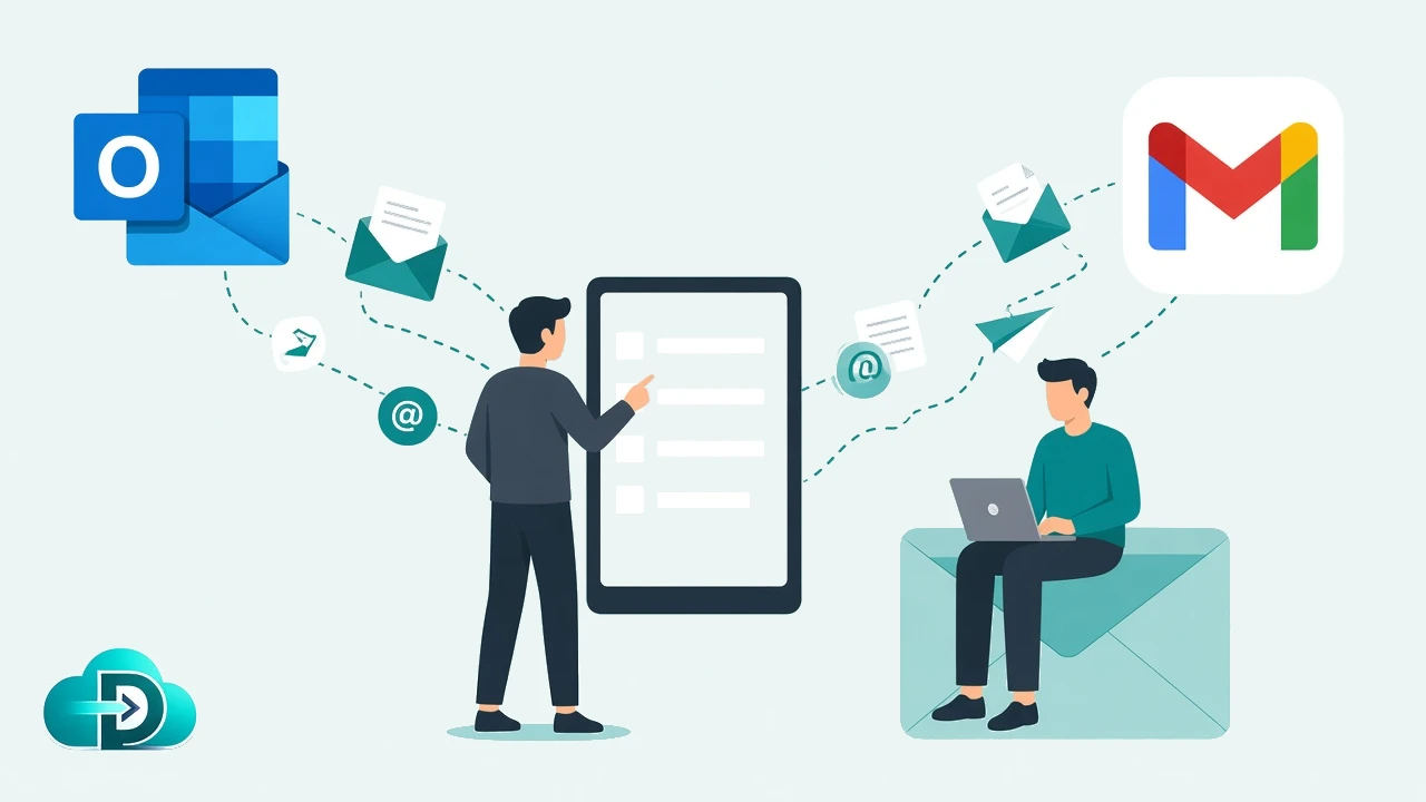 Outlook to Gmail email migration illustration with IT admin, tablet, and Data Relocate mark