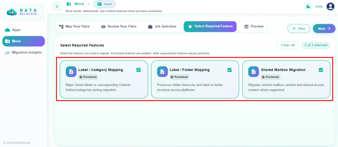 Preview stage validating Gmail to Outlook migration mappings