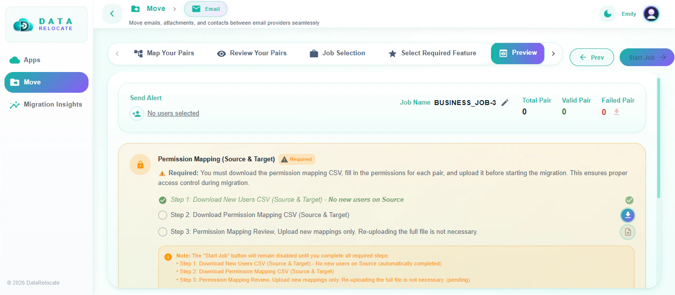 Start the Gmail to Outlook migration job in Data Relocate