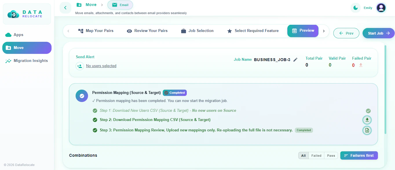 Migration job progress confirmation for Gmail to Outlook