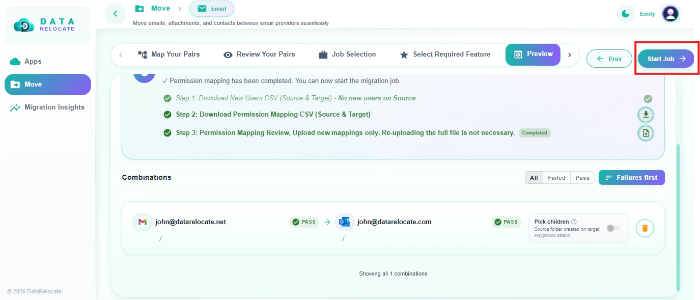Migration Insights dashboard for Gmail to Outlook migration jobs