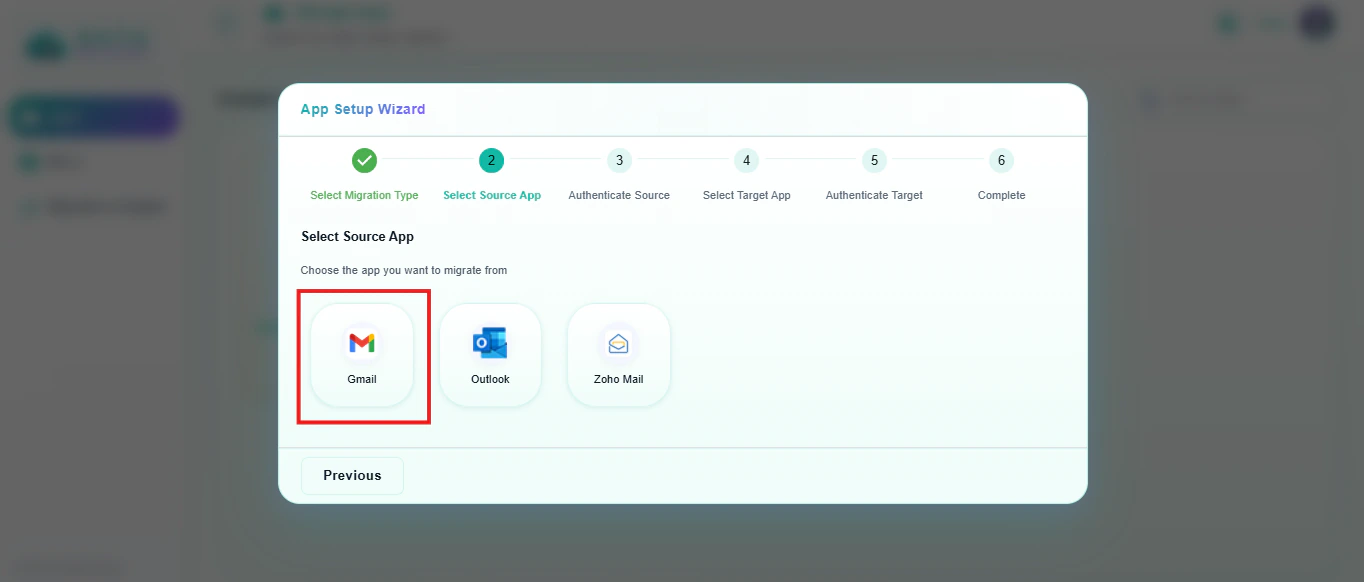 Select Gmail as the source app in Data Relocate App Setup Wizard