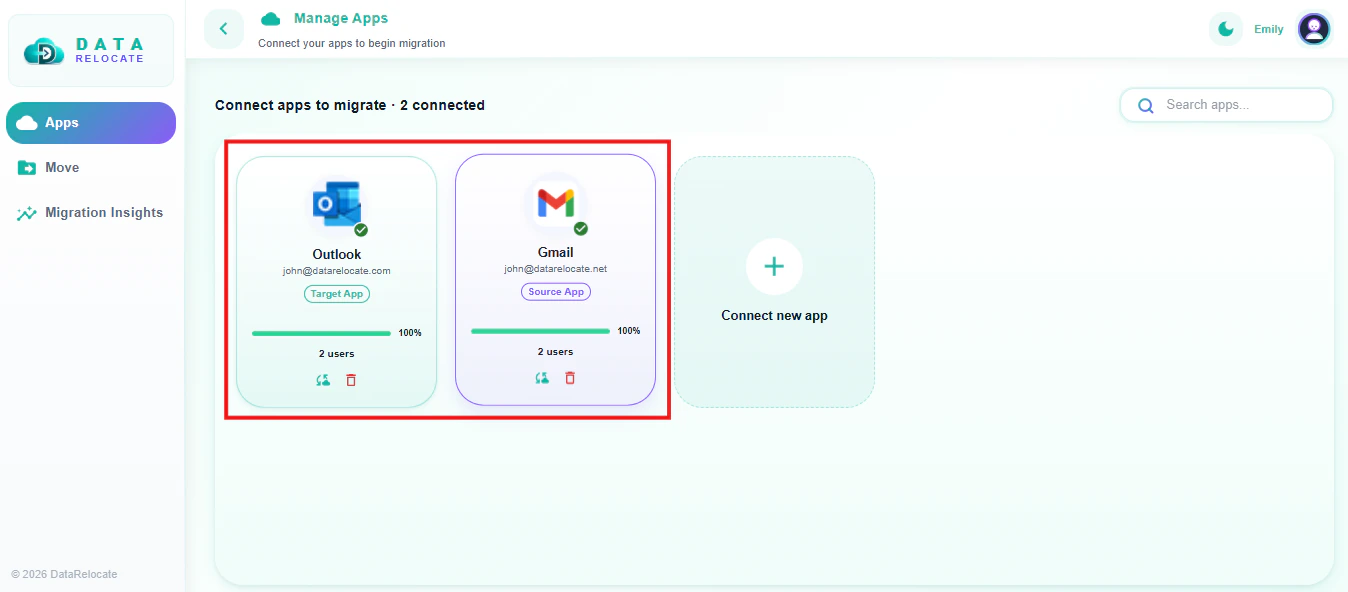 Confirm Gmail source and Outlook target apps connected in Data Relocate