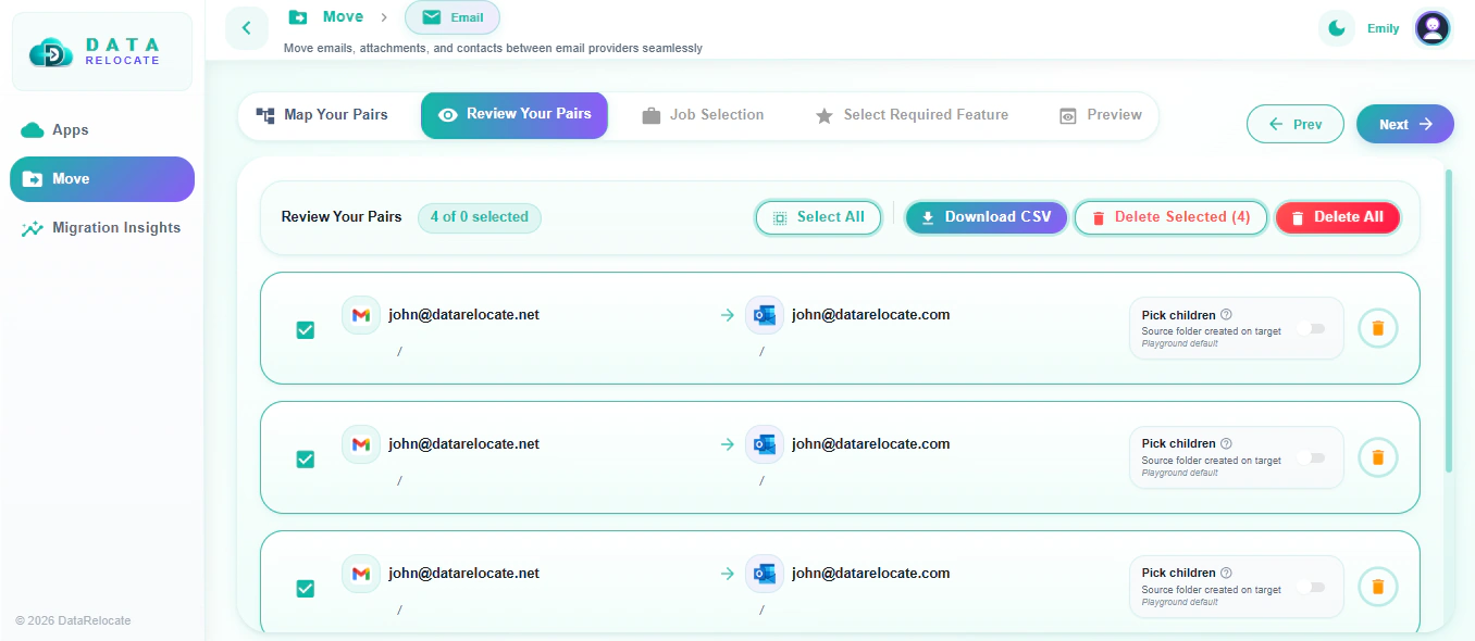 Review selected Gmail to Outlook user account pairs in Data Relocate
