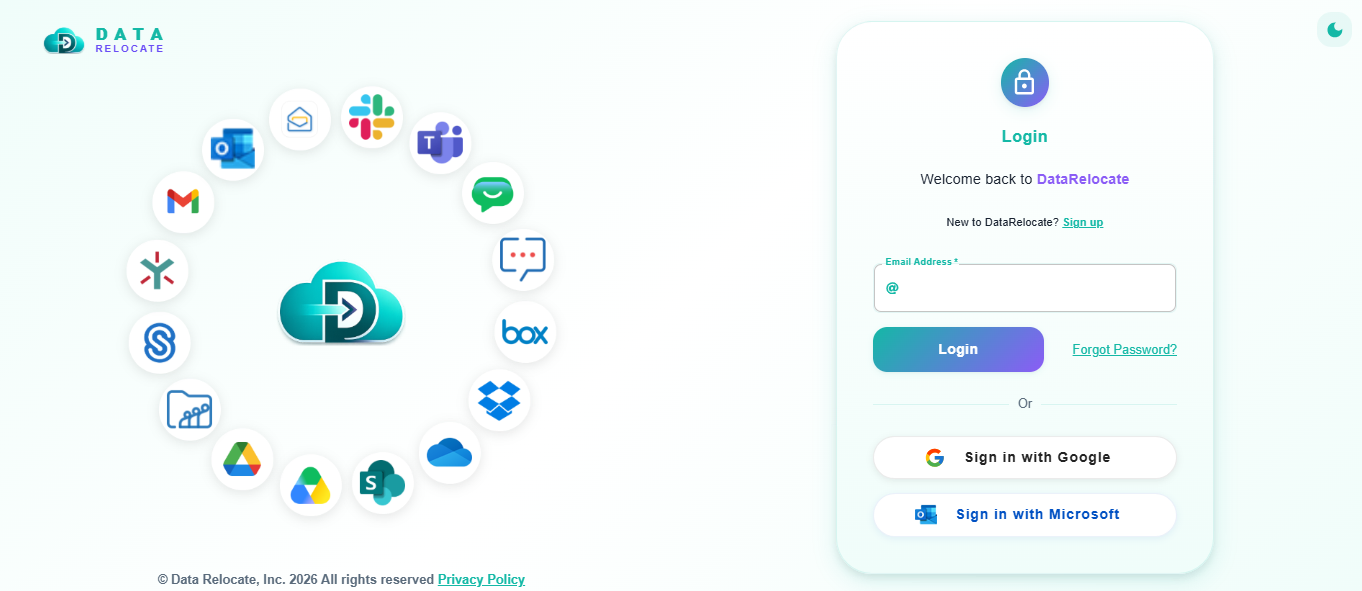 Data Relocate login screen for Gmail to Outlook migration