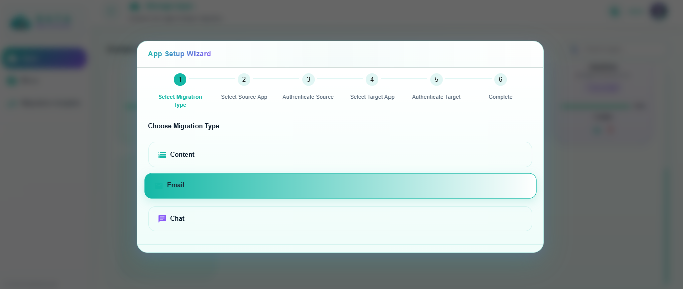 Select Email migration type in Data Relocate